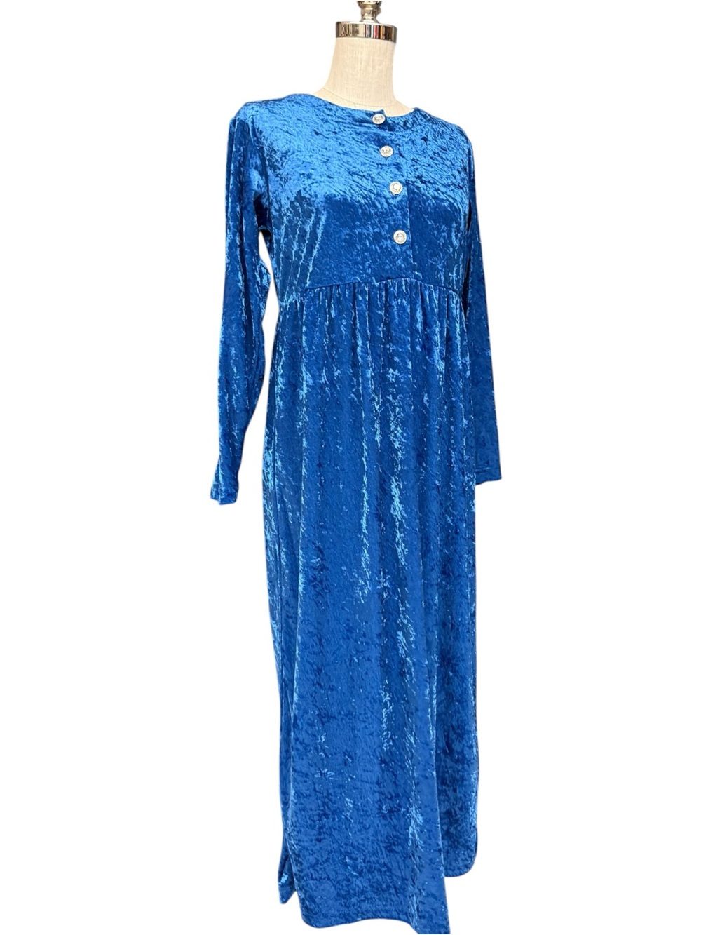 Vintage Cervelle Blue Crushed Velvet Maxi Dress Long Sleeve Button Front Size 8